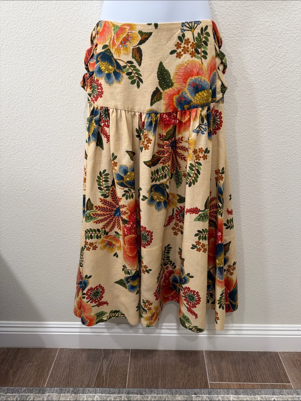 FARM Rio Cream Floral Tiered Midi Skirt with Multicolor Blooms